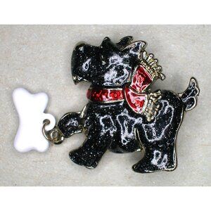 Vintage Haskell Black Scottish Terrier Dog Brooch/ Red Collar/ White Bone